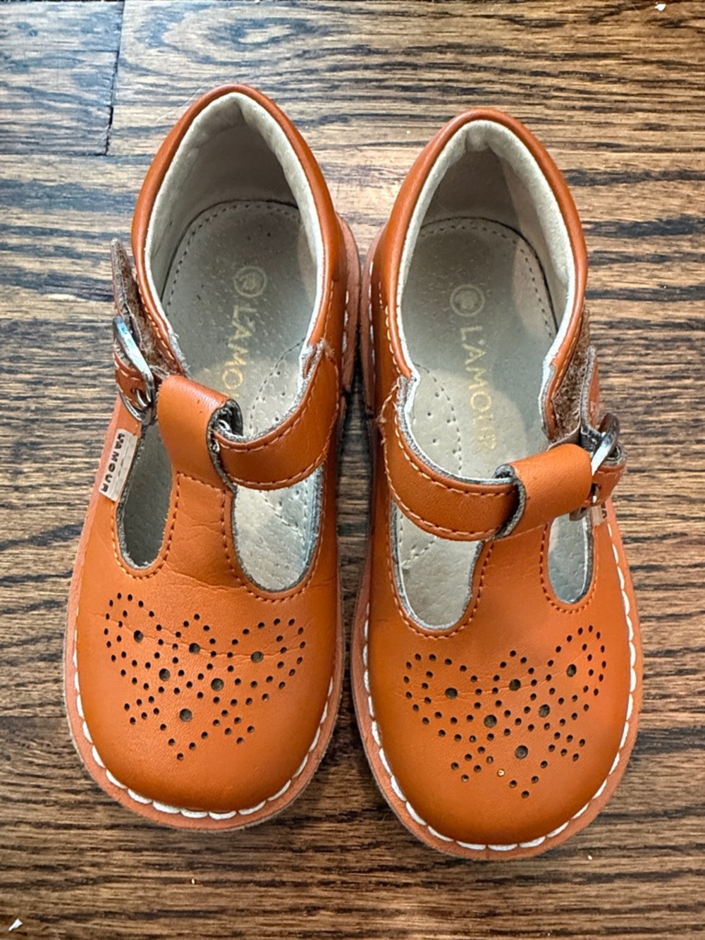 L'Amour brownish  T-Strap Heart-Perforated Kids Dress Shoes